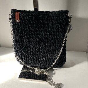 Crossbody Phone Bag Textured Black Material and Chain Strap Handmade Crocheted